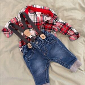 0-3 Month Cat & Jack Red Plaid Shirt with Denim and Brown Suspenders